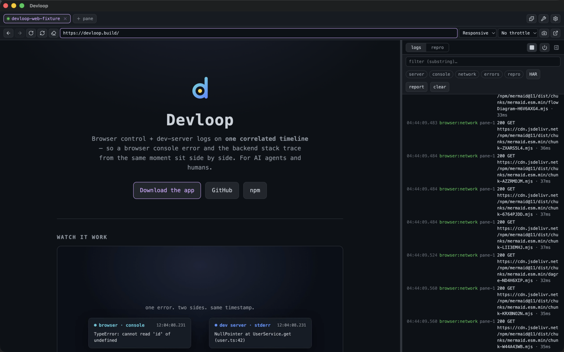 The Devloop cockpit: a browser pane beside a unified, filterable timeline of correlated server and browser logs