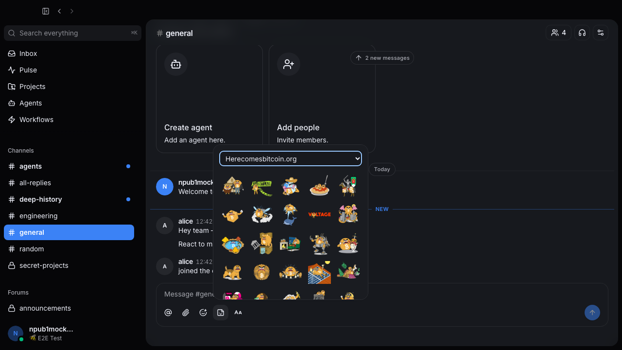Herecomesbitcoin.org sticker pack installed in the Buzz composer
