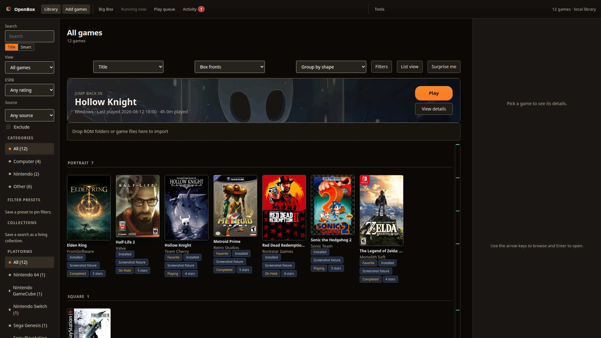OpenBox library view with twelve games across Windows, Nintendo, PlayStation, and Sega platforms