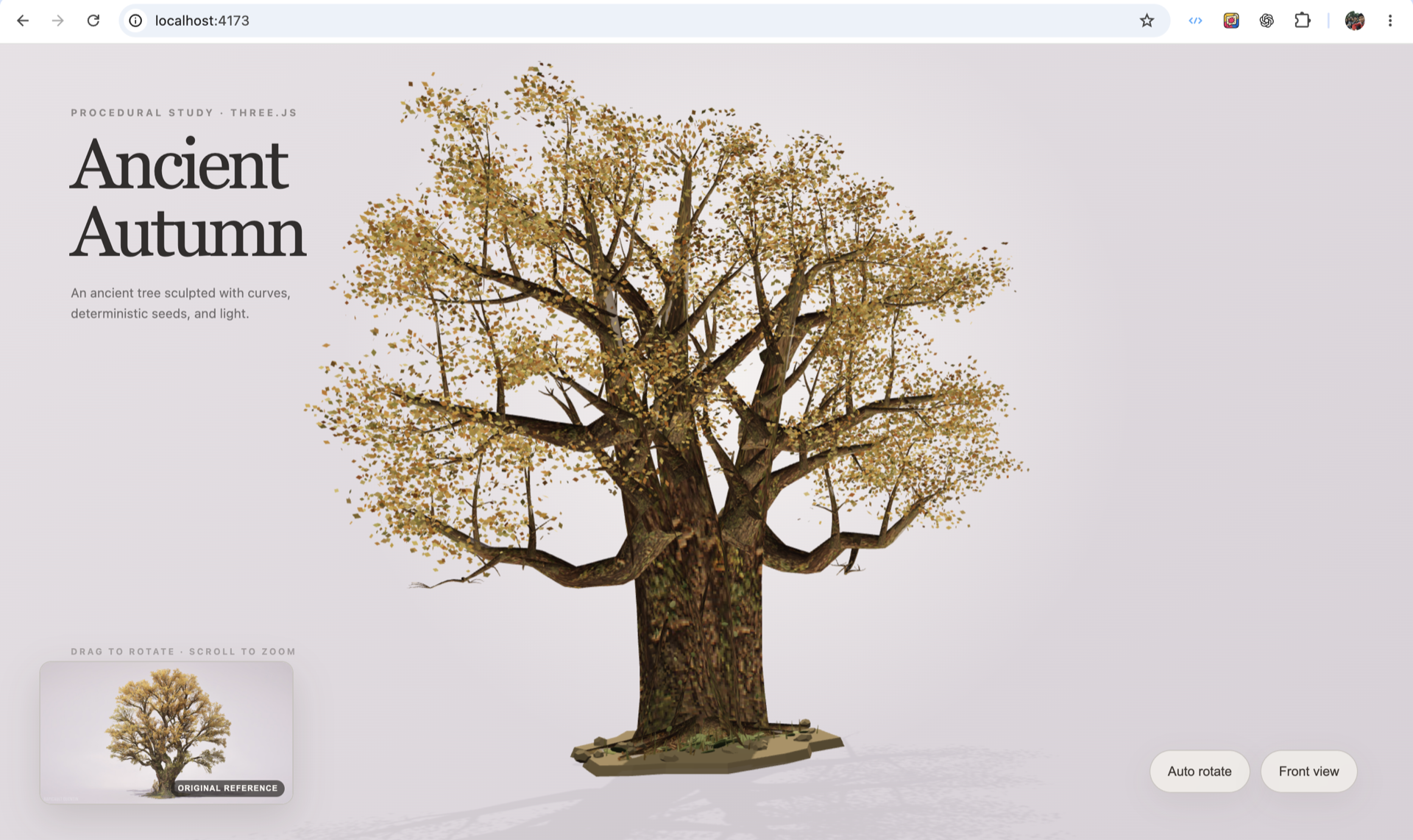 Procedural Three.js ancient autumn tree reconstructed from an attached reference image