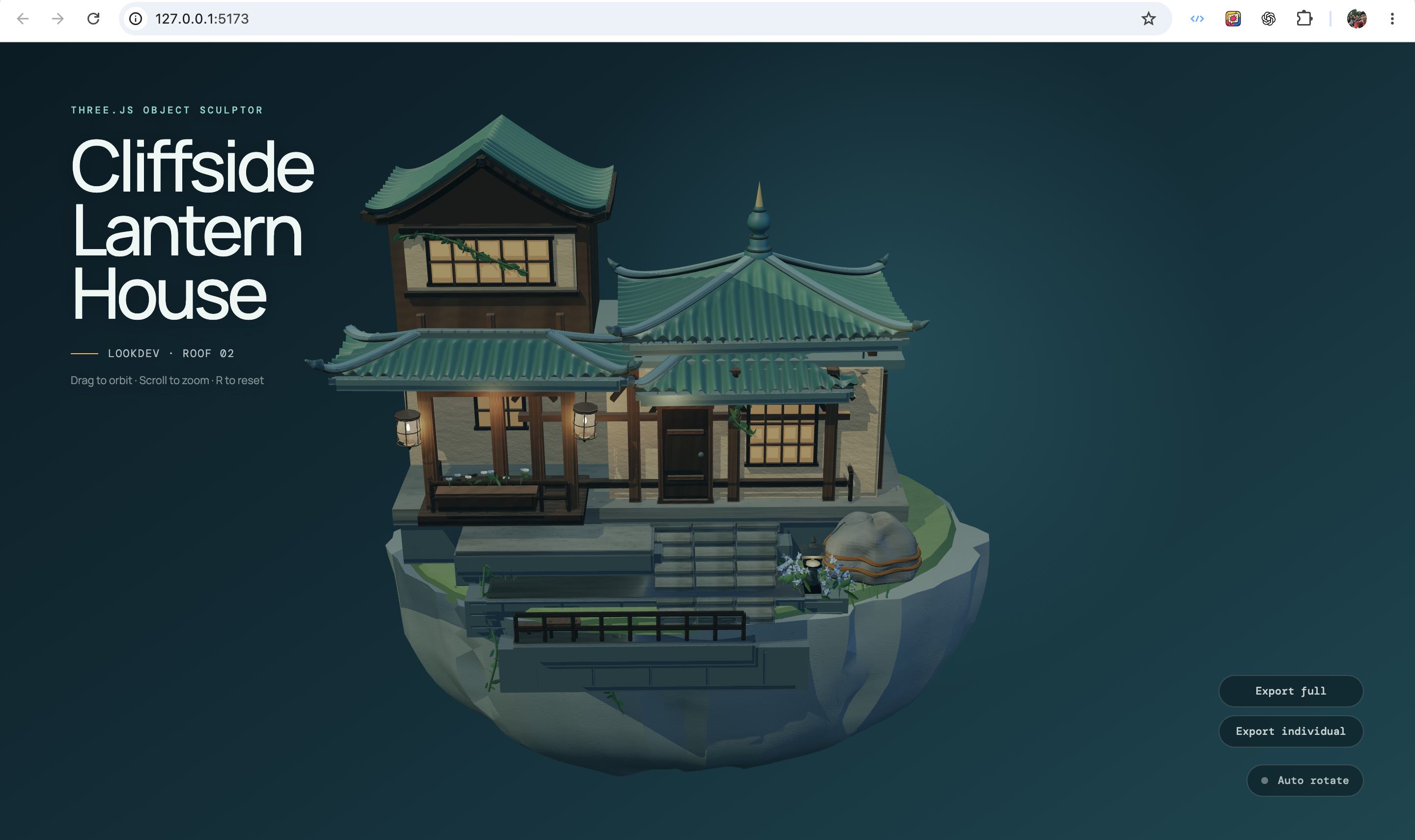 Cliffside Lantern House reconstructed as a procedural Three.js scene with img2obj