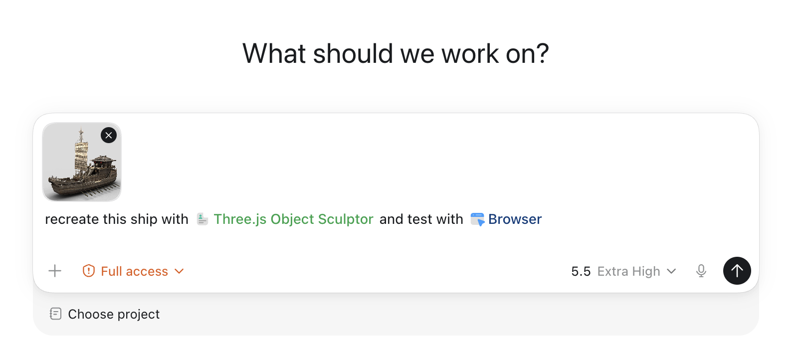 Codex prompt example using an attached object image with Three.js Object Sculptor and Browser