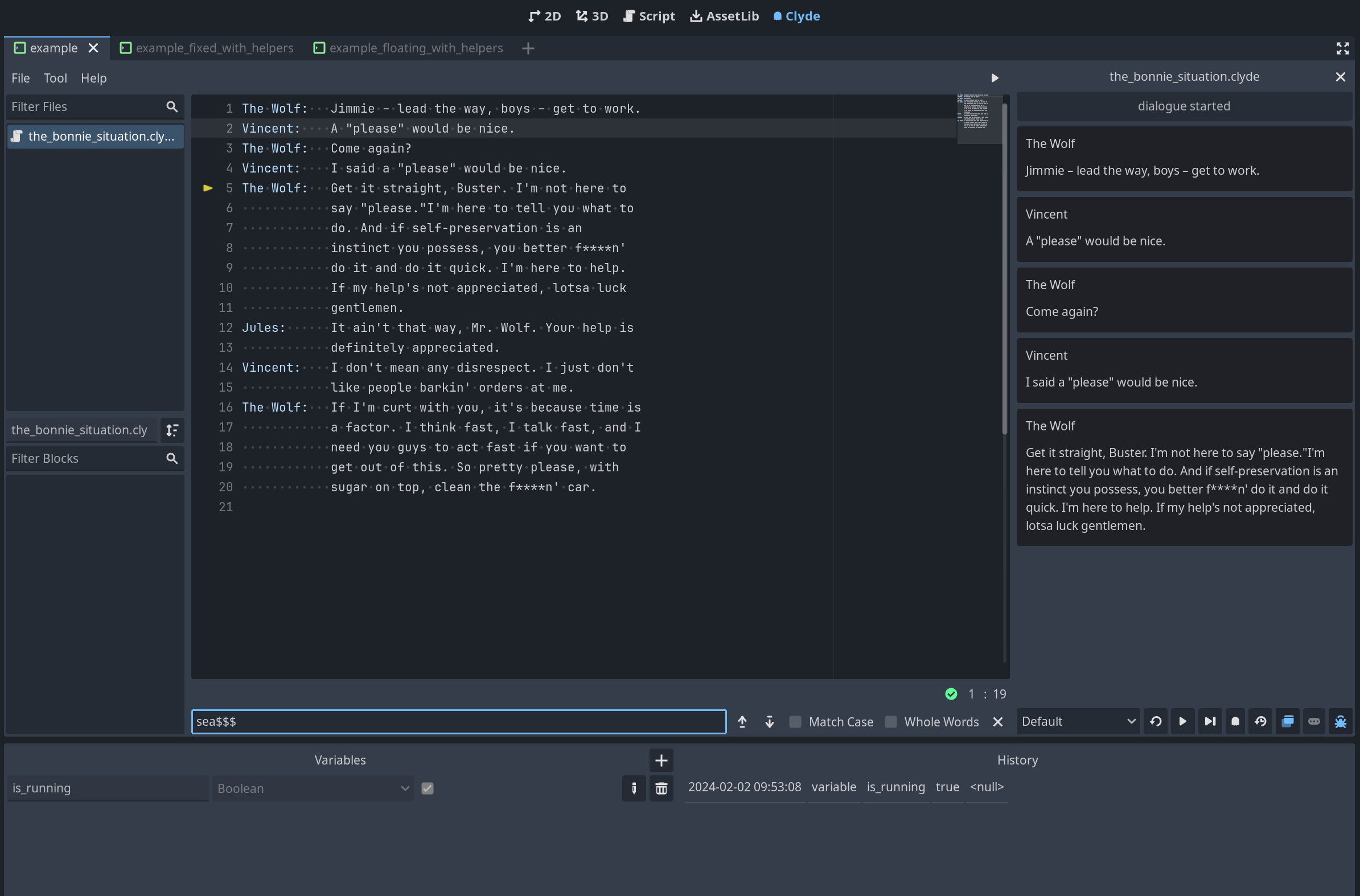 Clyde editor screenshot with dialogue file example