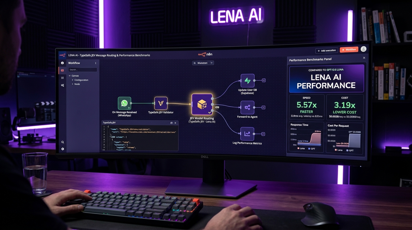 Workflow de automação no n8n demonstrando o benchmark real entre Jev e GPT-5.6 Luna