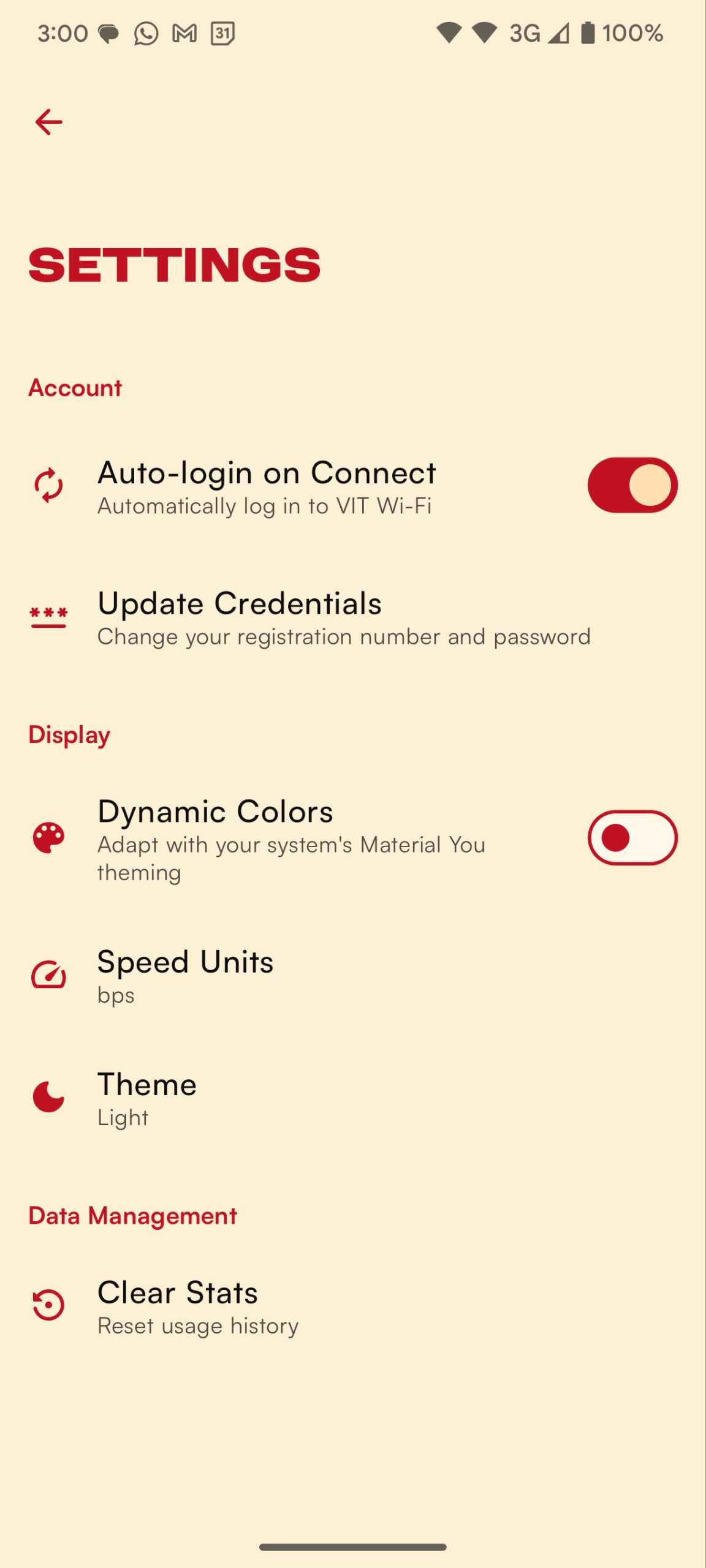 Settings screen