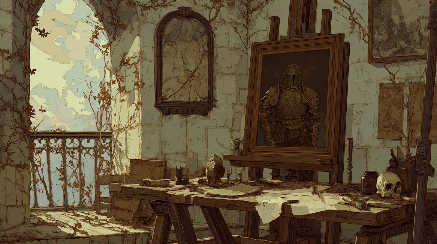 The limner's empty studio: a finished portrait of an armored knight on the easel, daylight and open sky entering through a balcony arch