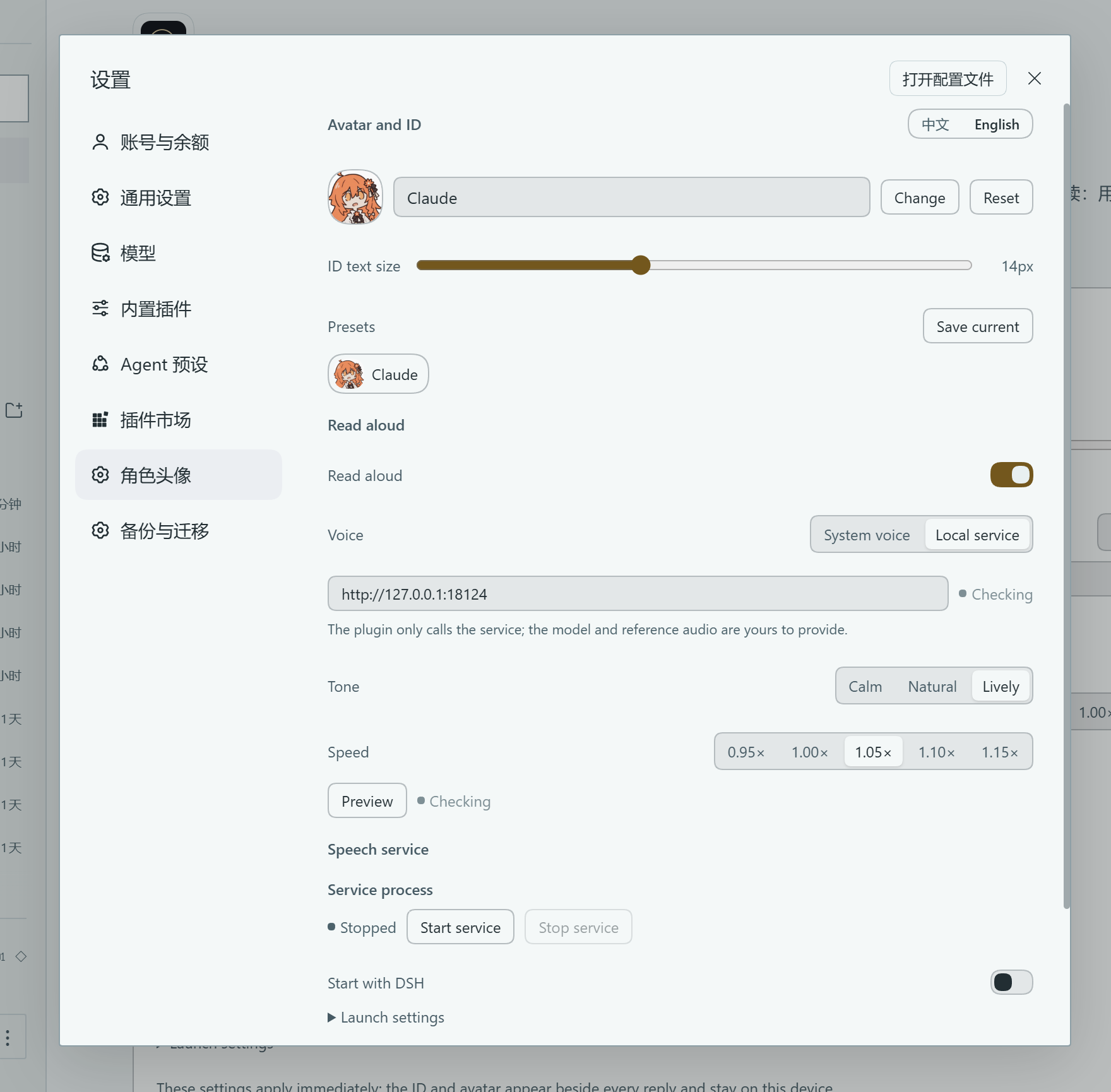 Settings → Character avatar, English UI