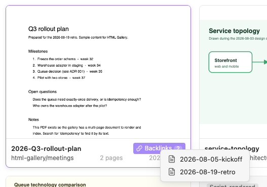Backlinks menu listing the two notes that link to a PDF