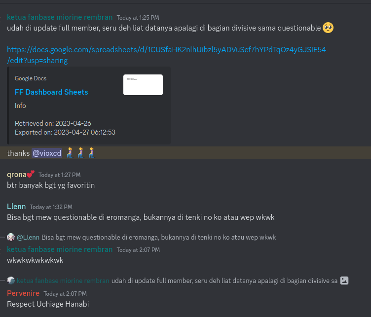 Some Discord interaction of people seeing the sheets