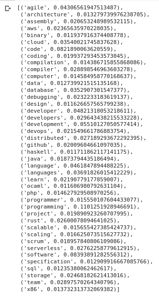 A Python list with two elements tuple in it. The first one is the topics most representative words and the second one is the aggregated value. Top words most representative for me are "Code, Development, Language, Database, Software"