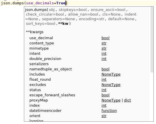 Param info of json.dumps()