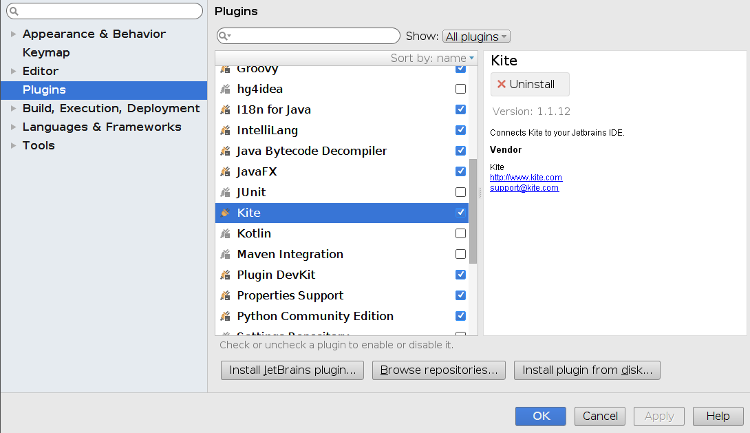 Kite in the list of installed plugins