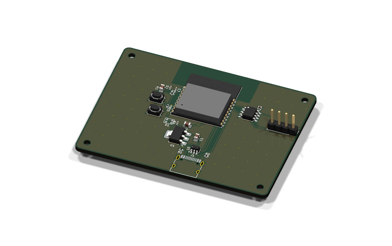 A 3D render of an ESP32-C3 board designed, placed and routed by the plugin