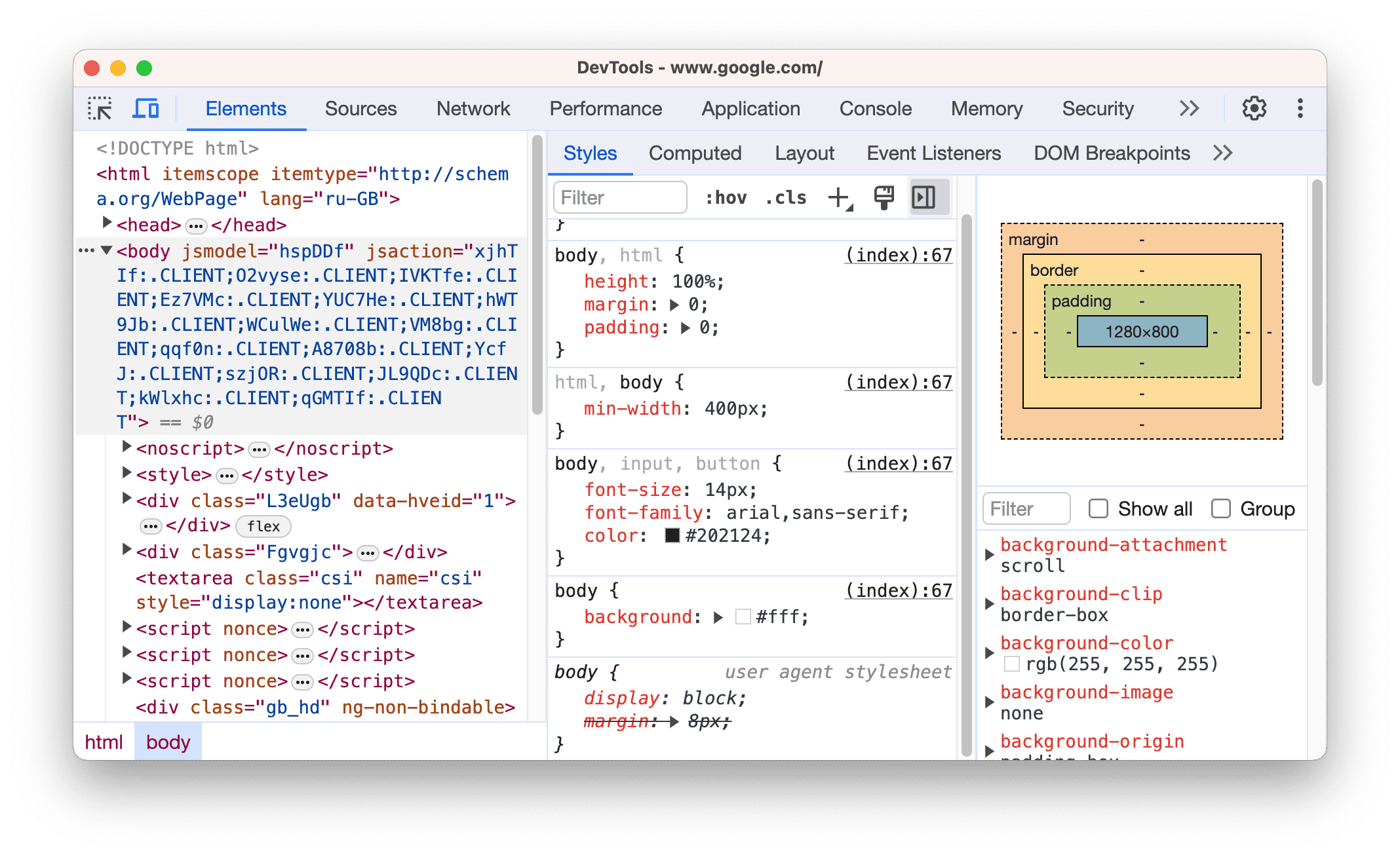 Chrome DevTools Elements paneli: solda sayfanın DOM ağacı, ortada seçili body elementine uygulanan CSS kuralları, sağda margin, border ve padding kutusu