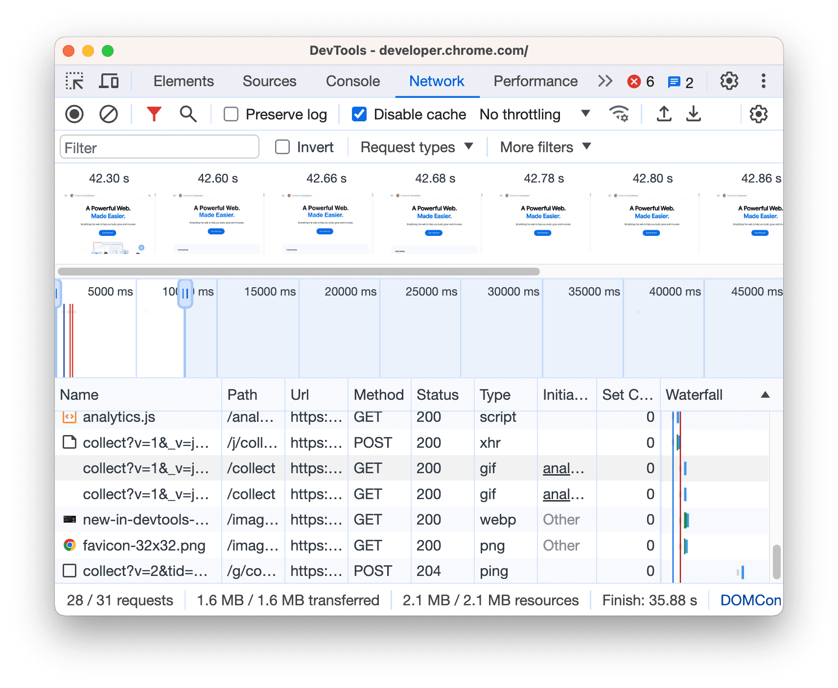 Chrome DevTools Network paneli: üstte Preserve log, Disable cache ve throttling ayarları, altta her isteğin method, status, type ve süresini gösteren liste
