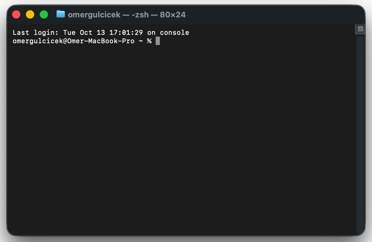 macOS Terminal penceresi: zsh shell'i açık, ev klasöründe (~) komut bekleyen boş bir satır