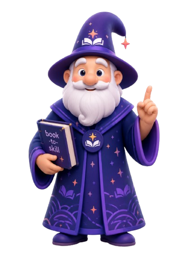 Booklin — the book-to-skill mascot, a purple wizard holding a book