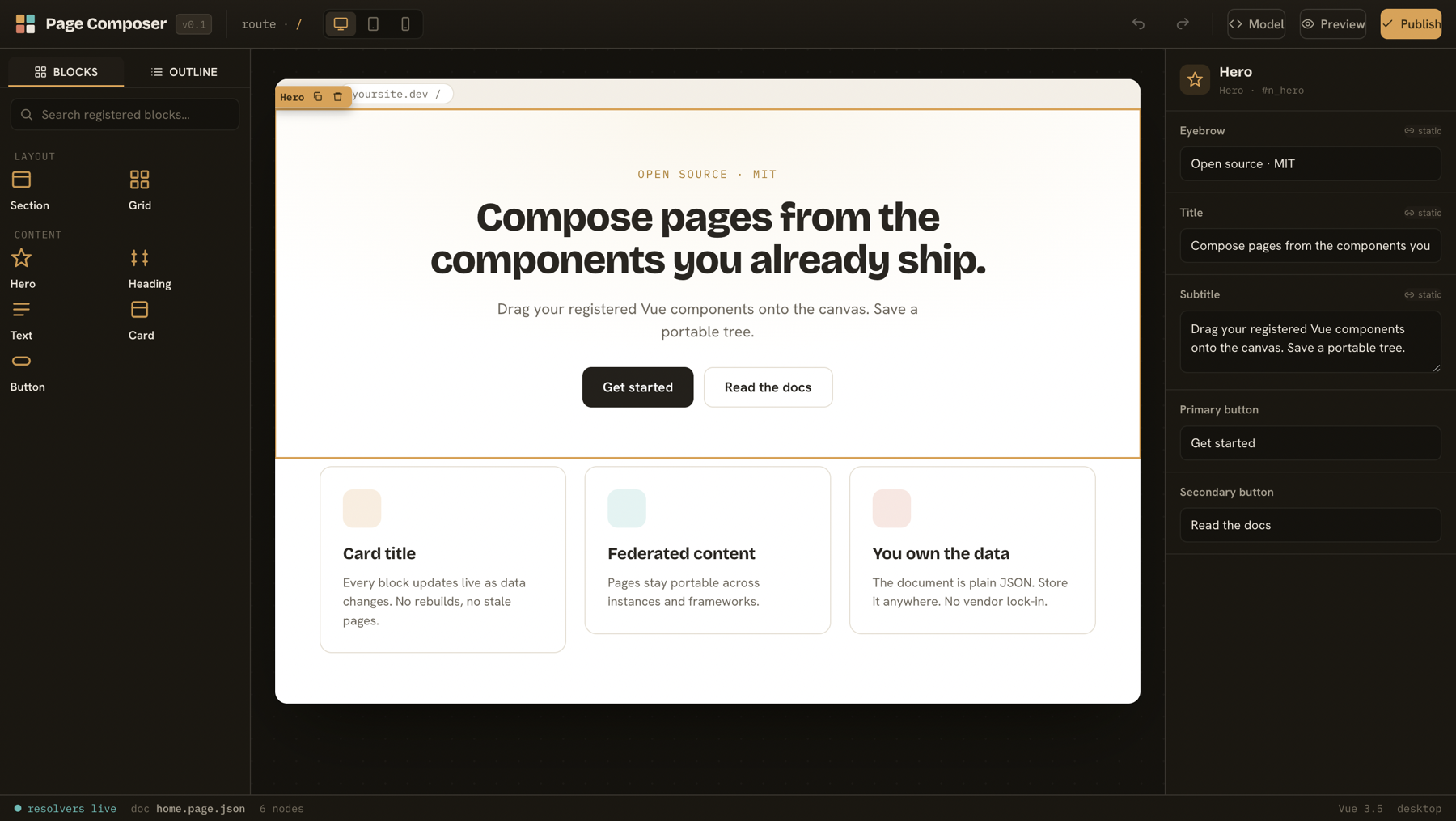 The Page Composer editor: palette, live canvas, and auto-generated inspector