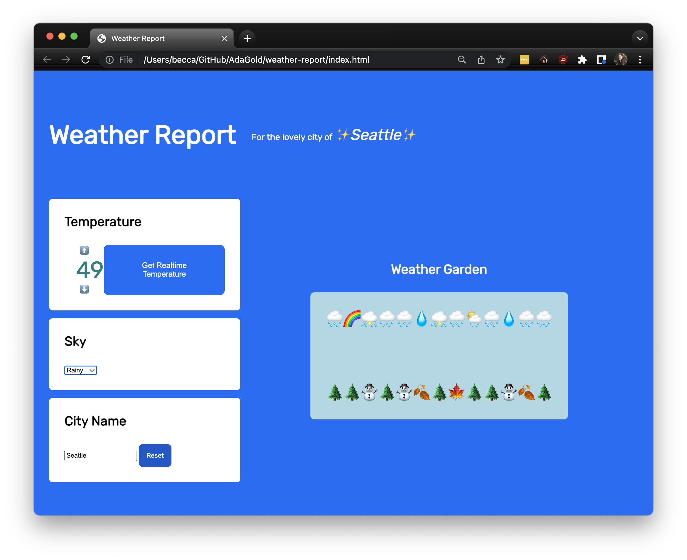 Example weather app: The temperature reads 49, in teal text. The selected dropdown for "Sky" is "Rainy." There is a depiction of rainy weather. The city name is "Seattle." The header reads "Seattle."