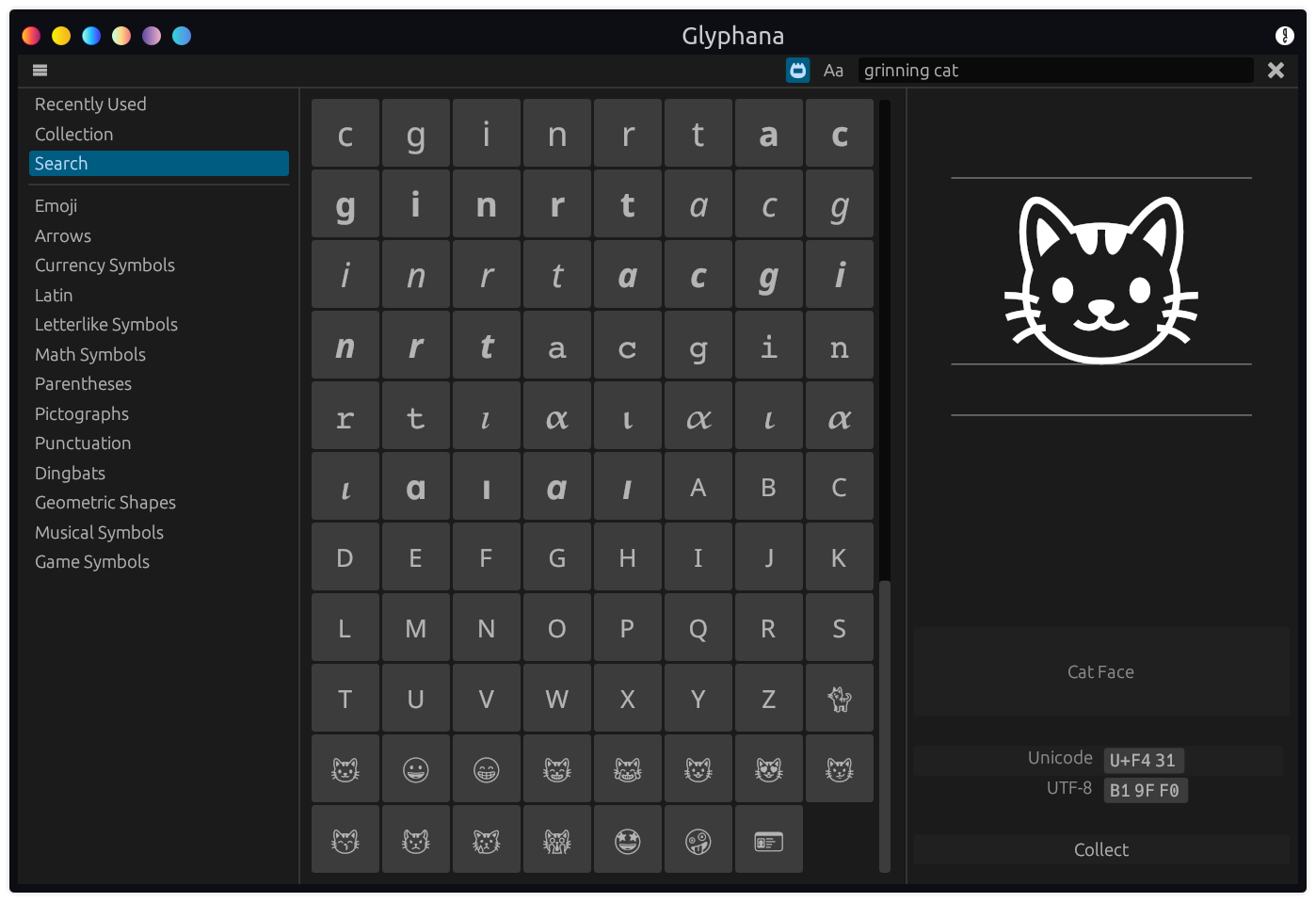 Searching for the characters contained in 'grinning cat' as well as matching the term against each glyph's description