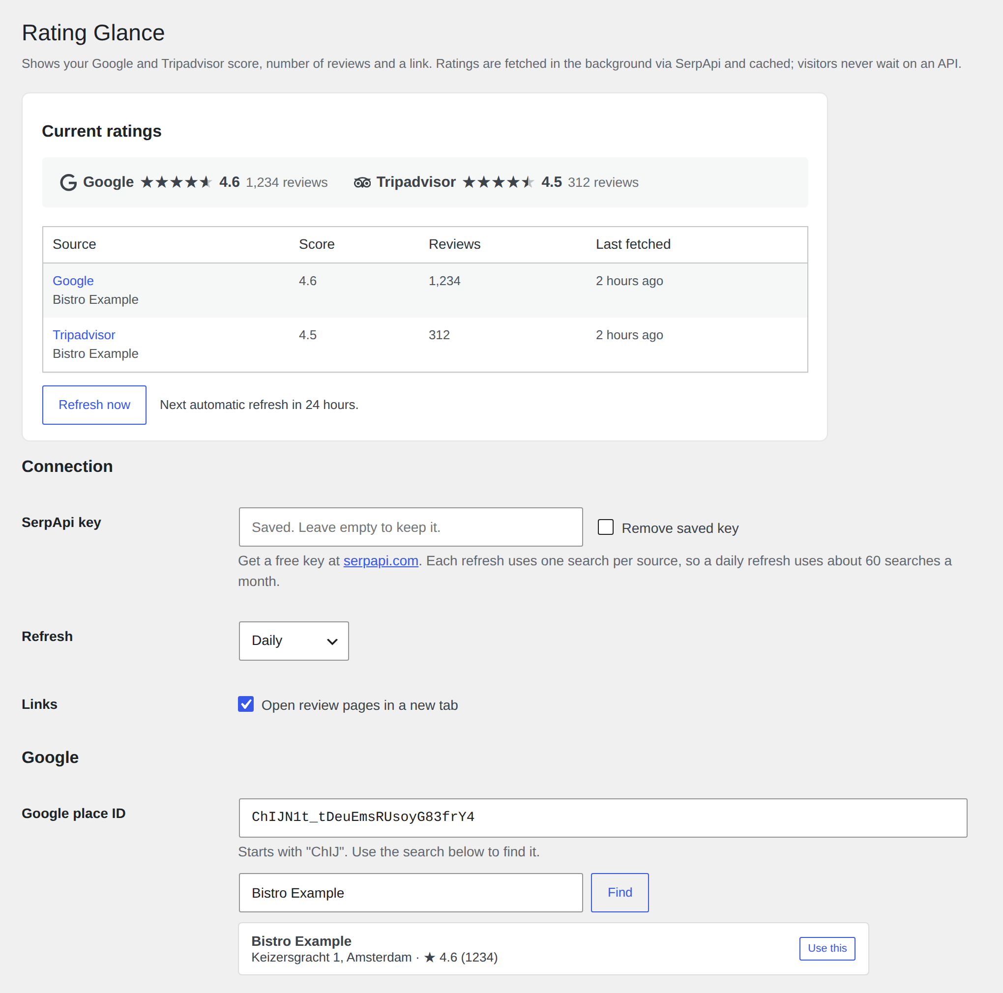Settings page with a live preview, current ratings table, SerpApi key field and the place finder