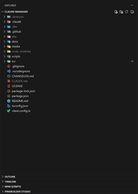 Claude Manager sidebar demo — sessions, skills, commands, hooks, MCP servers, agents, and account in VS Code