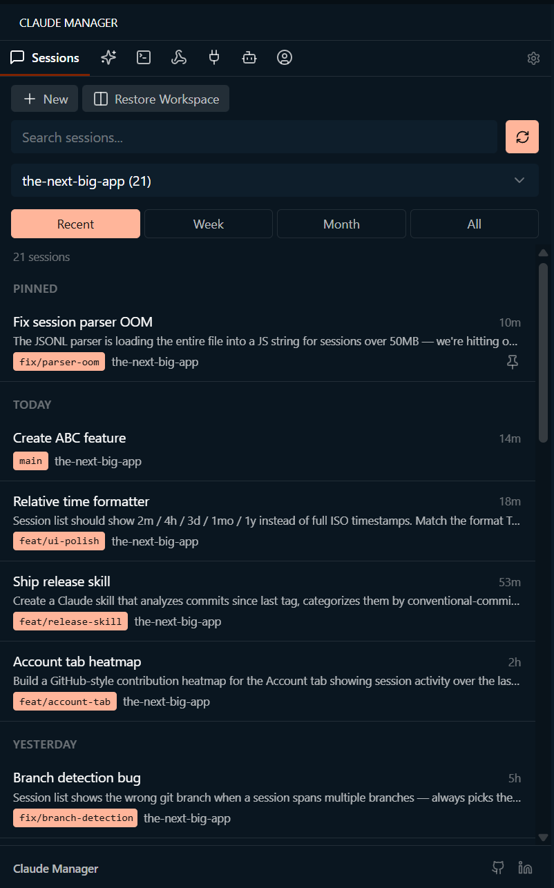 Claude Manager sidebar showing pinned and recent Claude Code sessions with git branches