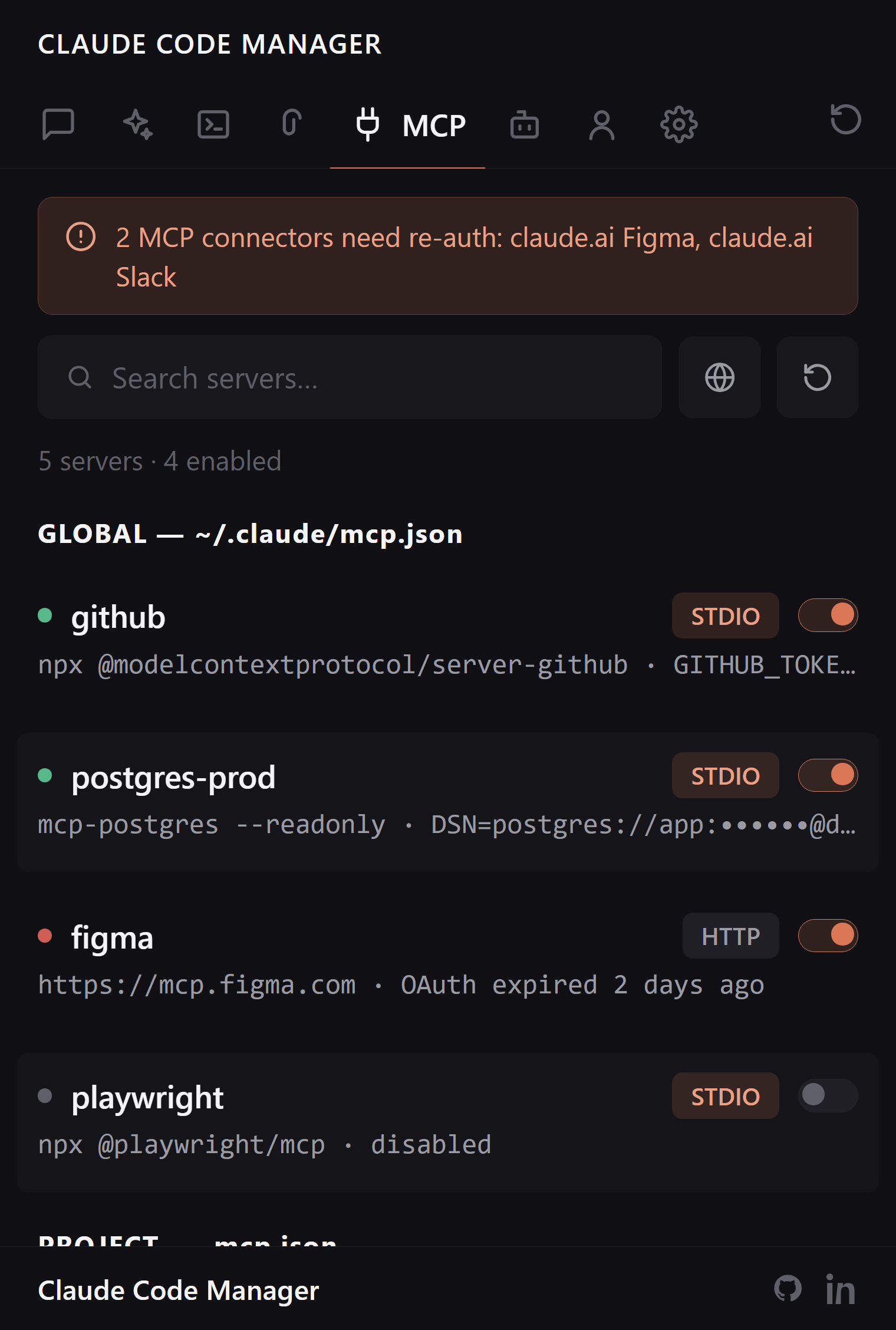 MCP servers tab