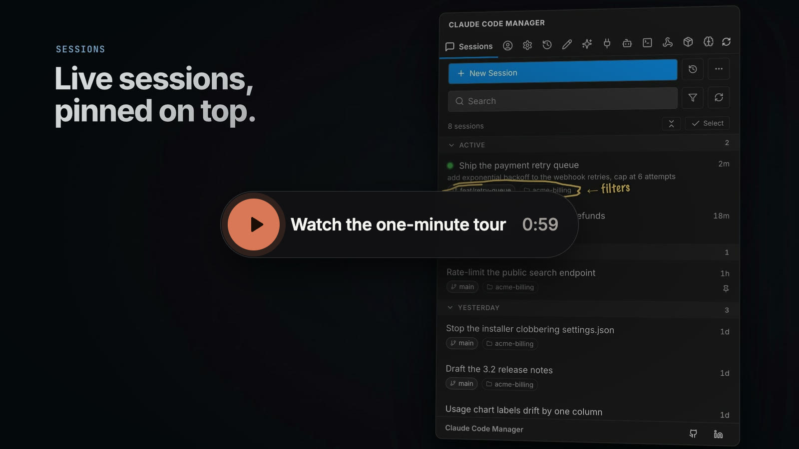 Watch the one-minute Claude Code Manager tour