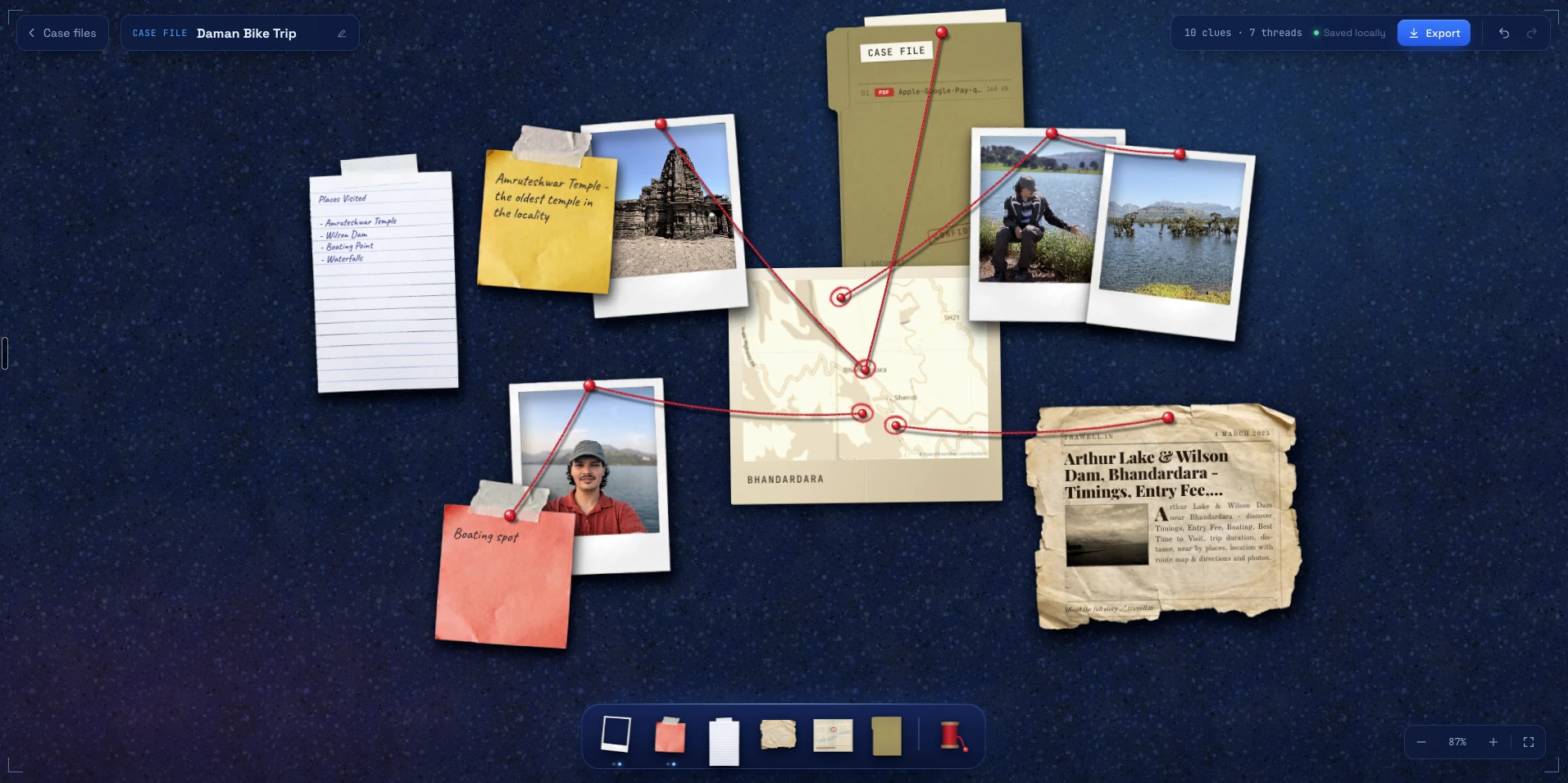 A Caseboard board, "Daman Bike Trip": Polaroid photos, sticky notes, a lined note, a case folder, a newspaper clipping and a map of Bhandardara, linked with red thread