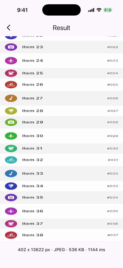 A 200-row Flutter ListView captured as one tall image with screenshot_kit