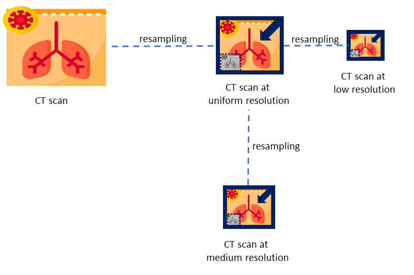 YOLOv4 and 3D U-net integration at FADCIL: resampling from the uniform resolution to low and medium resolution.