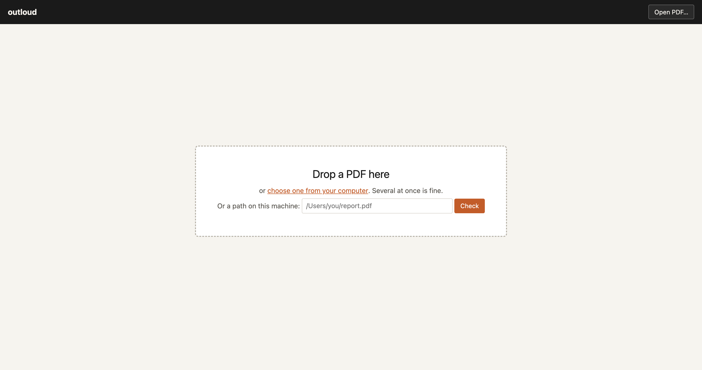 The empty app: a drop zone that says Drop a PDF here, a link to choose a file, and a box for a path on this machine