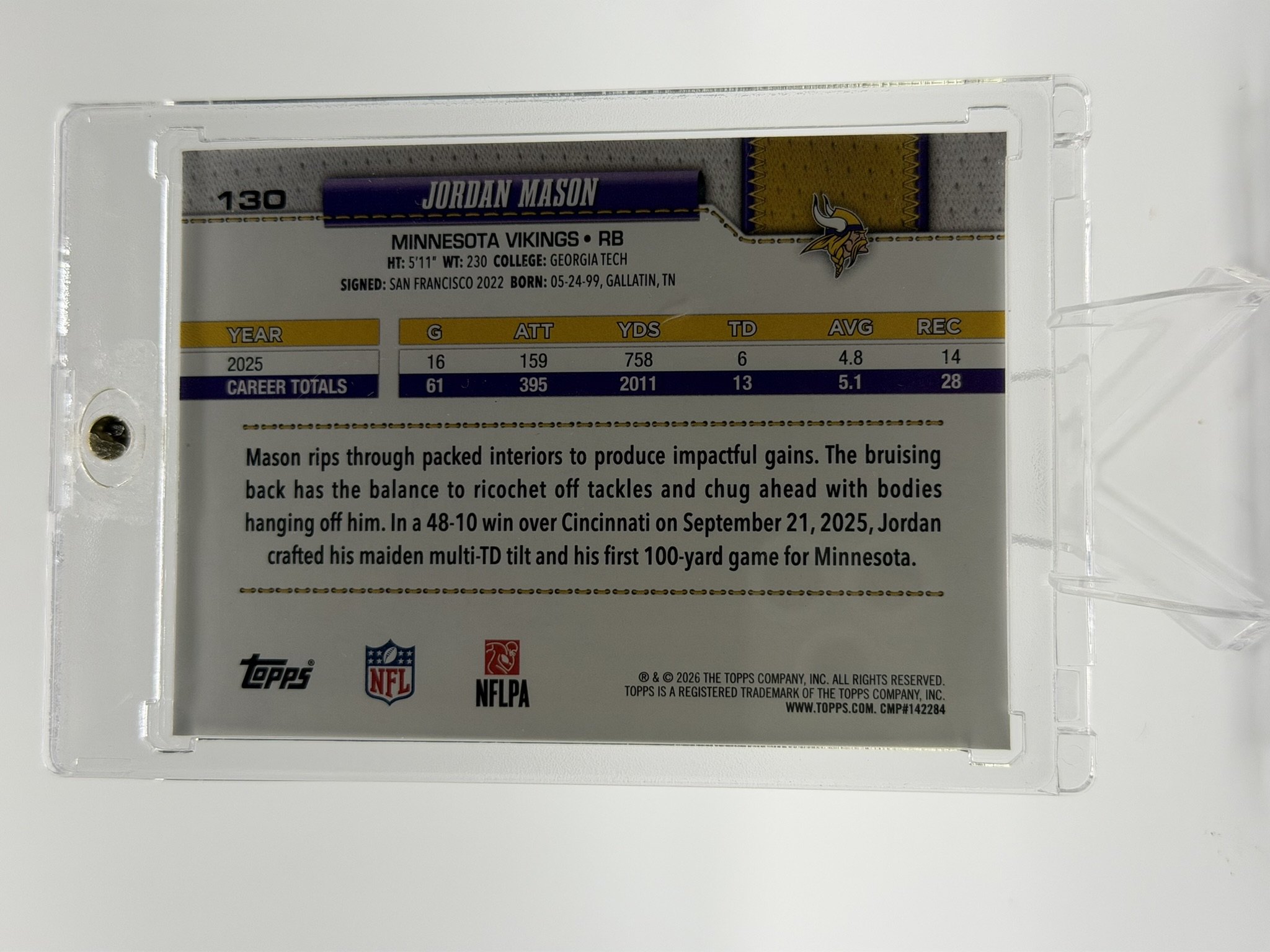 Jordan Mason 2026 Topps back