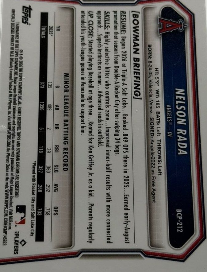 Nelson Rada 2026 Bowman Chrome back