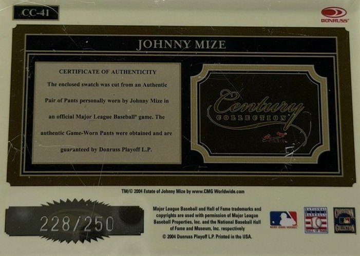 Johnny Mize 2004 Donruss Throwback Threads back