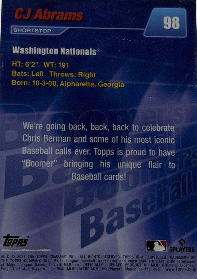 CJ Abrams 2024 Topps x Chris Berman Boomer's Baseball back