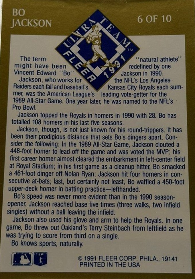 Bo Jackson 1991 Fleer Ultra back