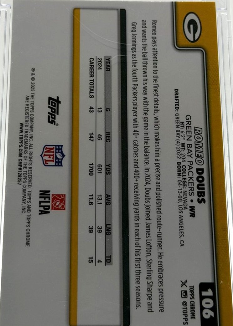 Romeo Doubs 2025 Topps Chrome back