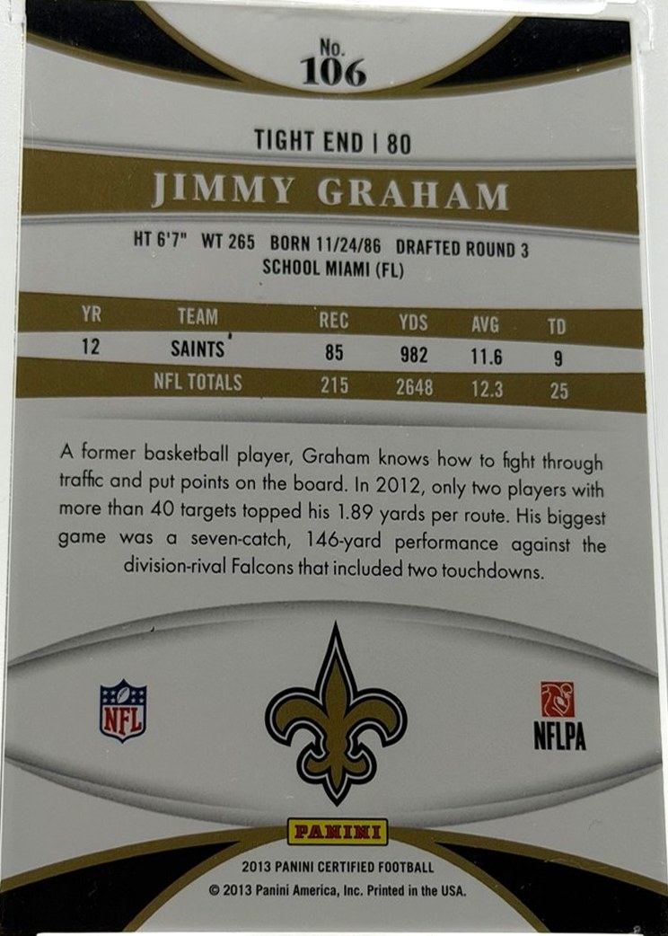 Jimmy Graham 2013 Panini Certified back