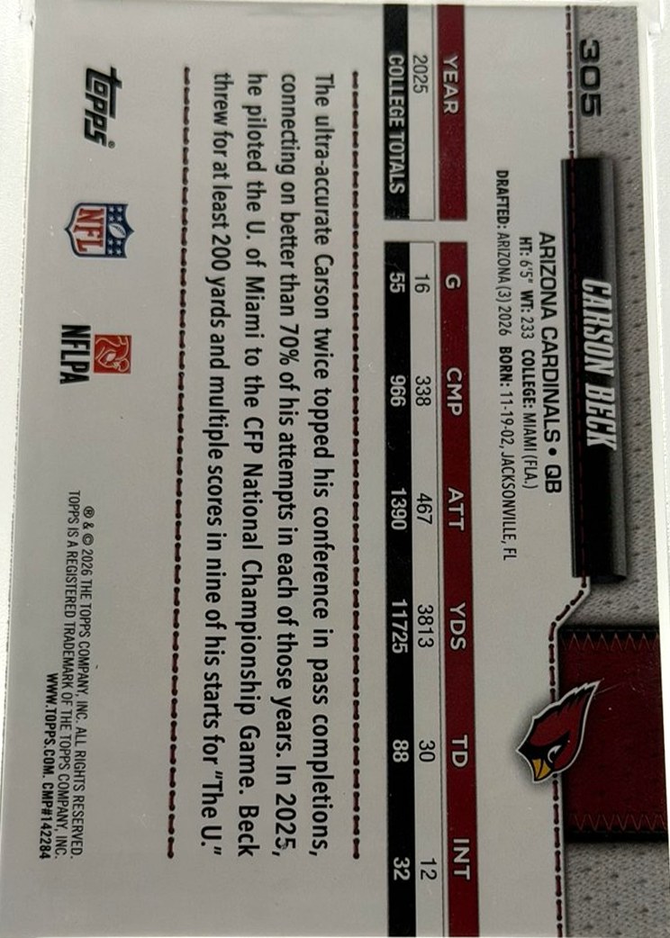 Carson Beck 2026 Topps back