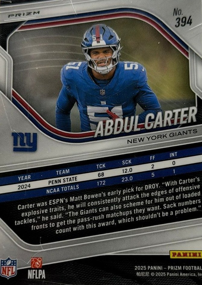 Abdul Carter 2025 Panini Prizm back