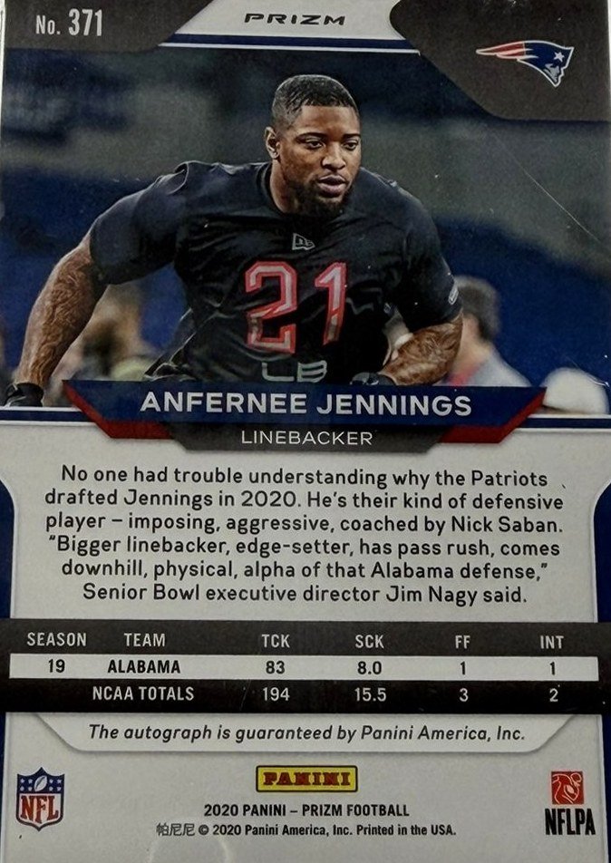 Anfernee Jennings 2020 Panini Prizm back