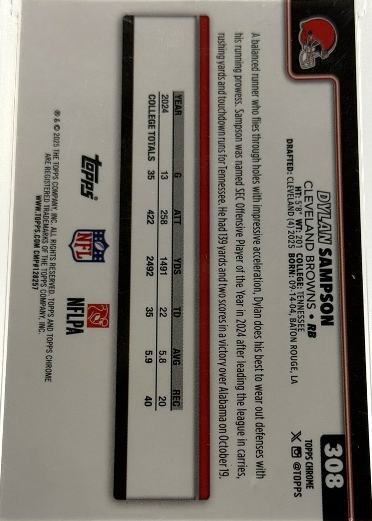 Dylan Sampson 2025 Topps Chrome back