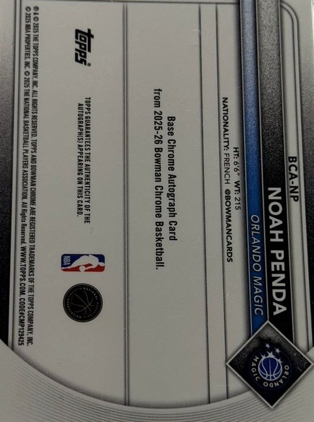 Noah Penda 2025 Bowman Chrome back