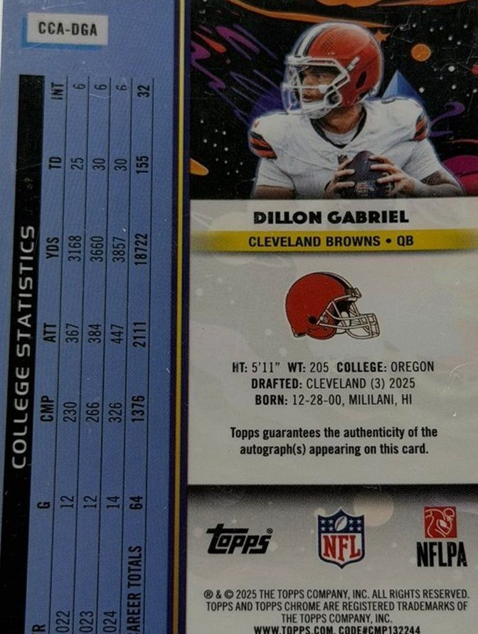 Dillon Gabriel 2025 Topps Cosmic Chrome back