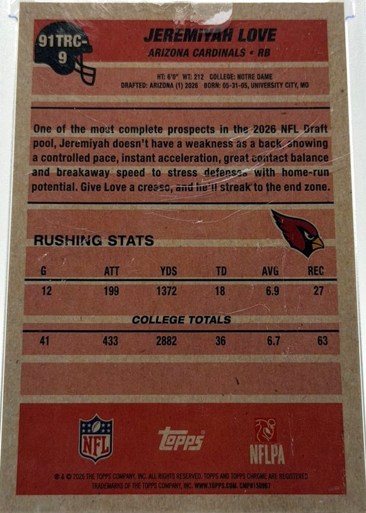 Jeremiyah Love 2026 Topps back