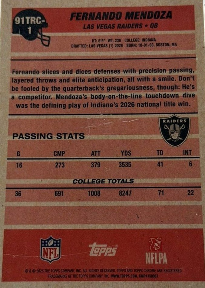 Fernando Mendoza 2026 Topps back