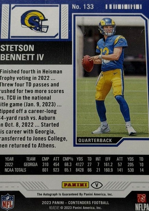 Stetson Bennett IV 2023 Panini Contenders back