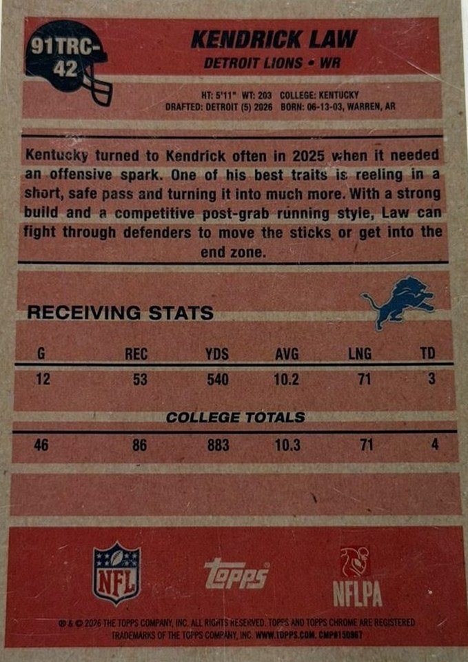 Kendrick Law 2026 Topps back